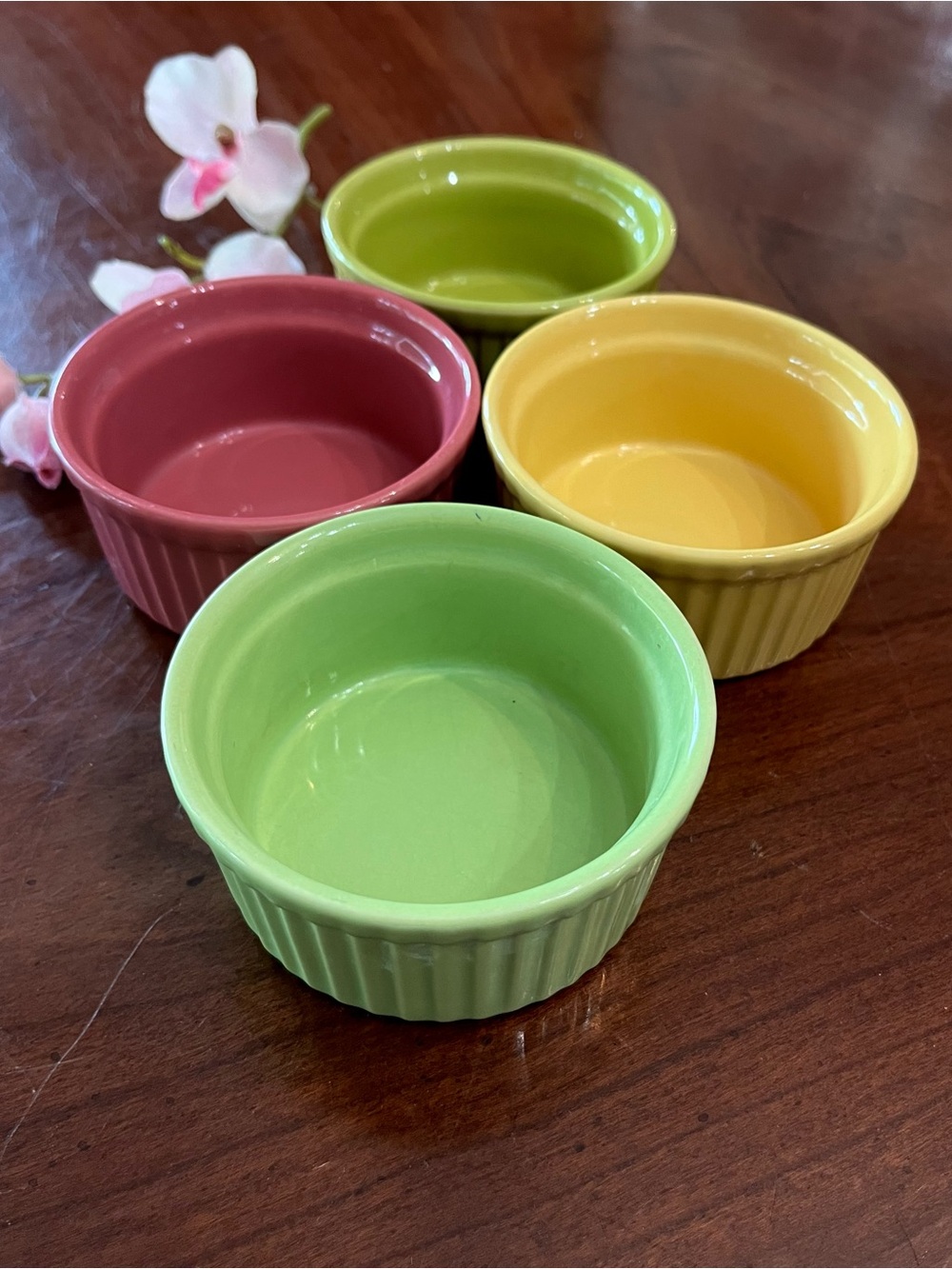 Set of 4 BIA Cordon Bleu 4oz Ribbed Ceramic Ramekins- Assorted Vibrant Colors
